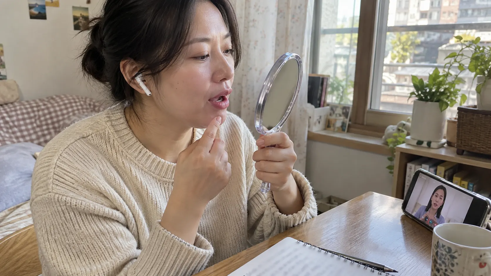 조용한 집 안에서 학습자가 이어폰으로 짧은 영어 문장을 듣고 손거울로 입 모양을 확인한 뒤, 한 문장씩 멈춰 연결 발음과 약한 소리를 따라 말하는 장면입니다.