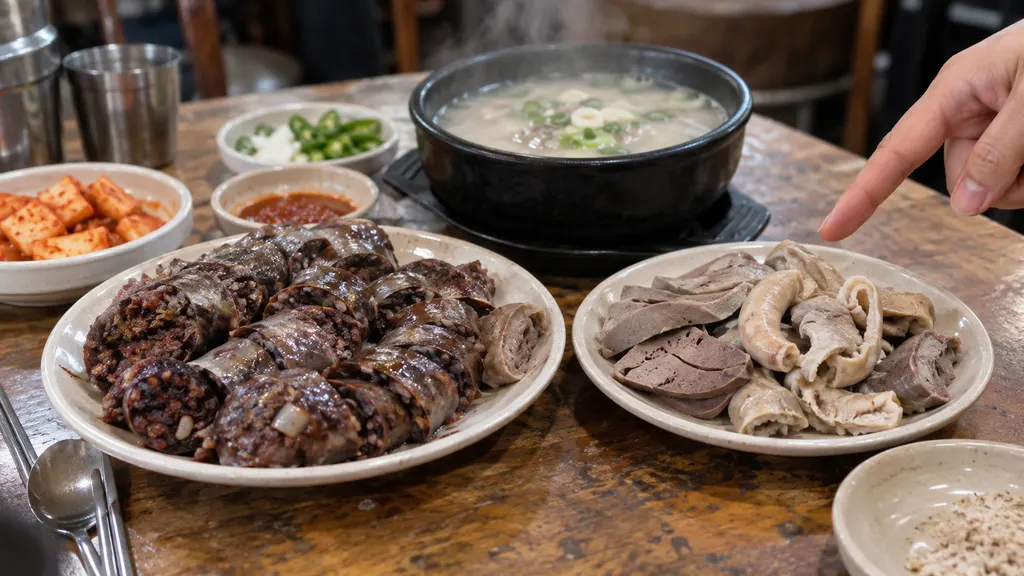 순대 단품과 내장 접시를 나란히 놓은 장면은 메뉴에 적힌 포함 여부와 실제 제공 단위를 구분하게 하며, 주문 전에 간과 허파의 선택 범위까지 확인하도록 돕습니다.