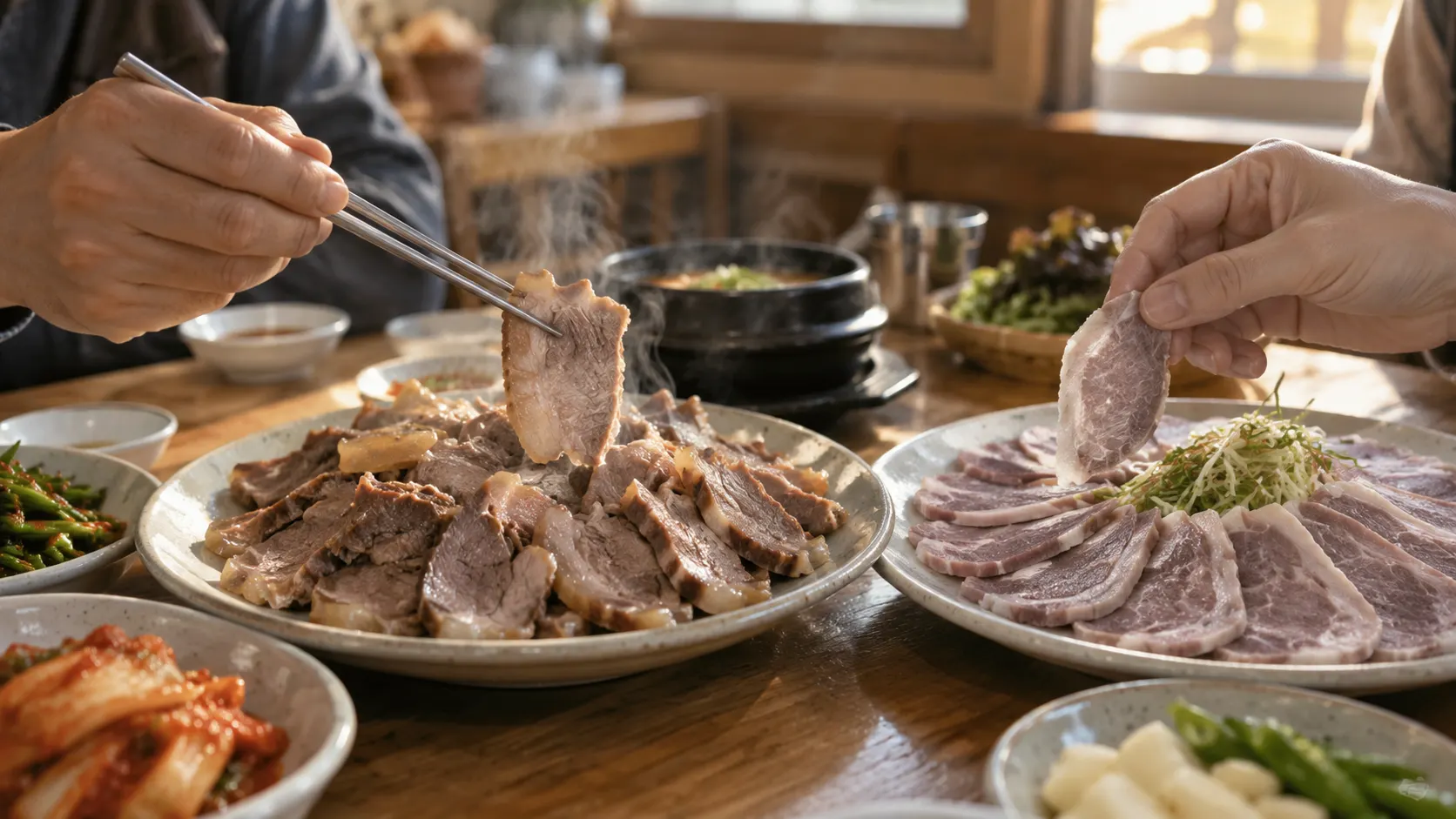 따뜻하게 썬 수육과 식혀 얇게 썬 편육을 나란히 놓고 제공 온도와 고기 식감을 비교하는 식사 장면입니다. 국물 없이 먹는 선택 기준도 함께 보여 줍니다.