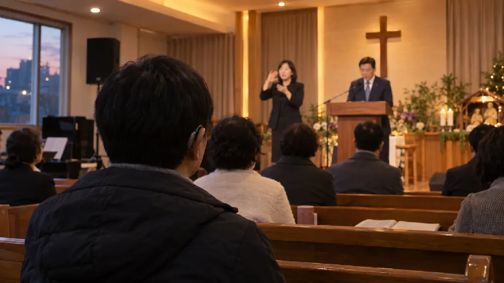 예배 참여자가 설교자와 수어 통역자를 동시에 볼 수 있는 자리에서 진행을 따라가며, 자막과 안내 방식이 소통을 돕는 모습을 보여 줍니다. 소규모 예배에도 같은 기준을 적용합니다.