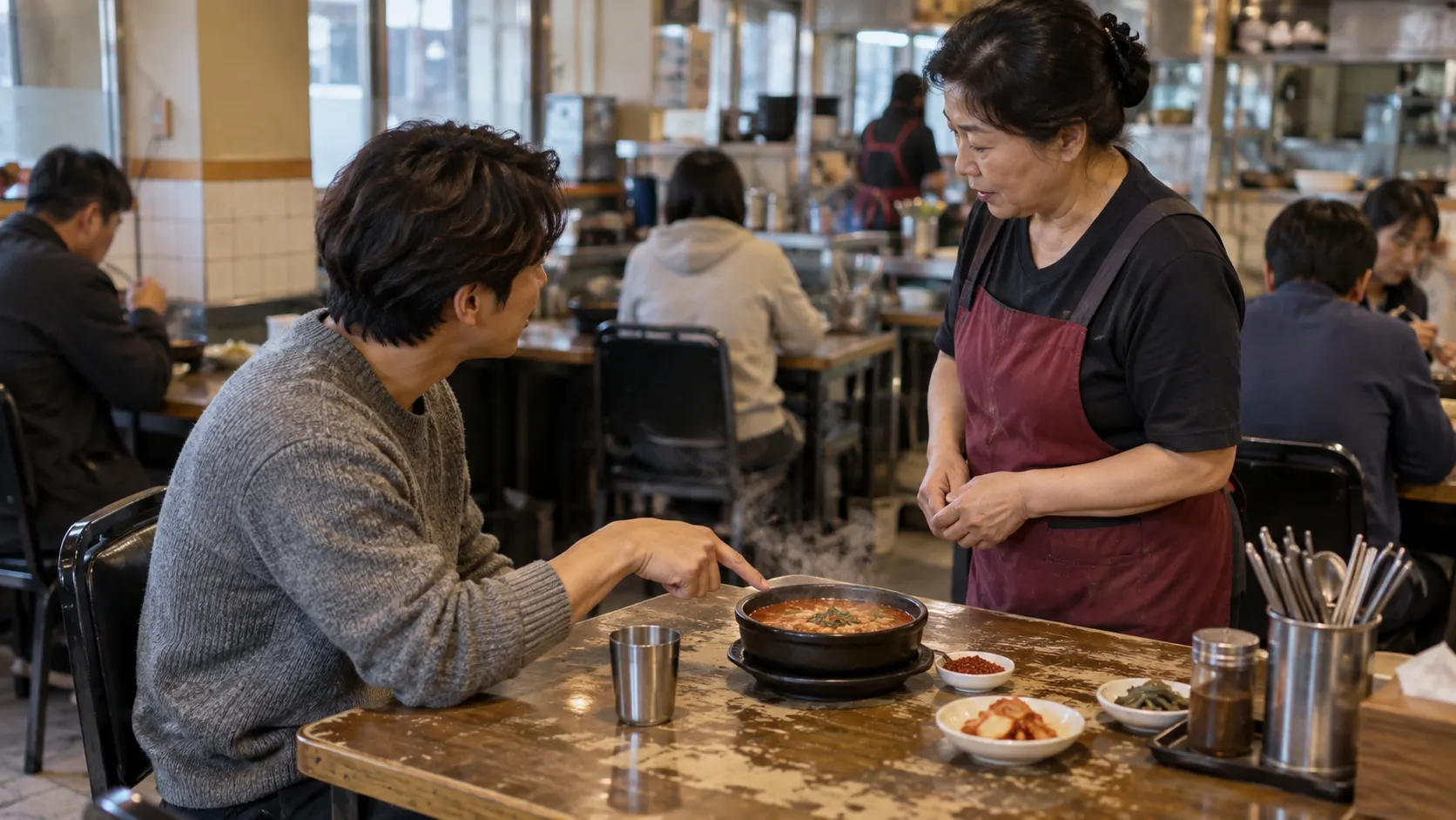손님이 식사 전에 직원에게 국물의 기본 맵기와 양념을 따로 받을 수 있는지 묻고, 작은 양념 그릇과 물컵을 함께 확인하는 장면입니다. 첫 숟갈 뒤 조절하는 순서까지 보여 줍니다.