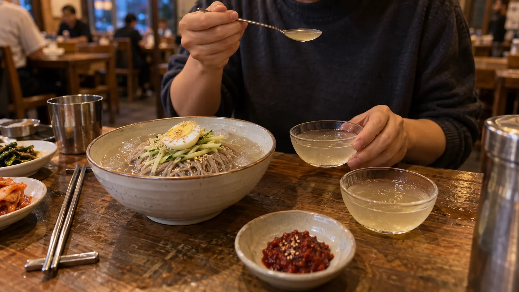 차가운 냉면 육수를 작은 그릇 두 개에 덜어 양념을 넣기 전 향과 신맛을 비교하는 장면입니다. 면과 고명은 따로 두어 원래 육수의 산미를 구분하고 첫 모금 뒤 남는 느낌도 기록합니다.