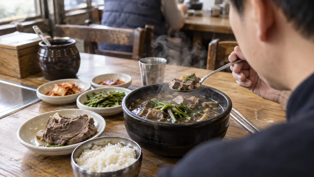 뜨거운 흑염소탕의 국물과 고기를 따로 맛본 뒤 짠맛과 향의 강도와 제공 구성을 살피는 장면입니다. 한 그릇의 식사 흐름을 판단하는 기준이 드러납니다.