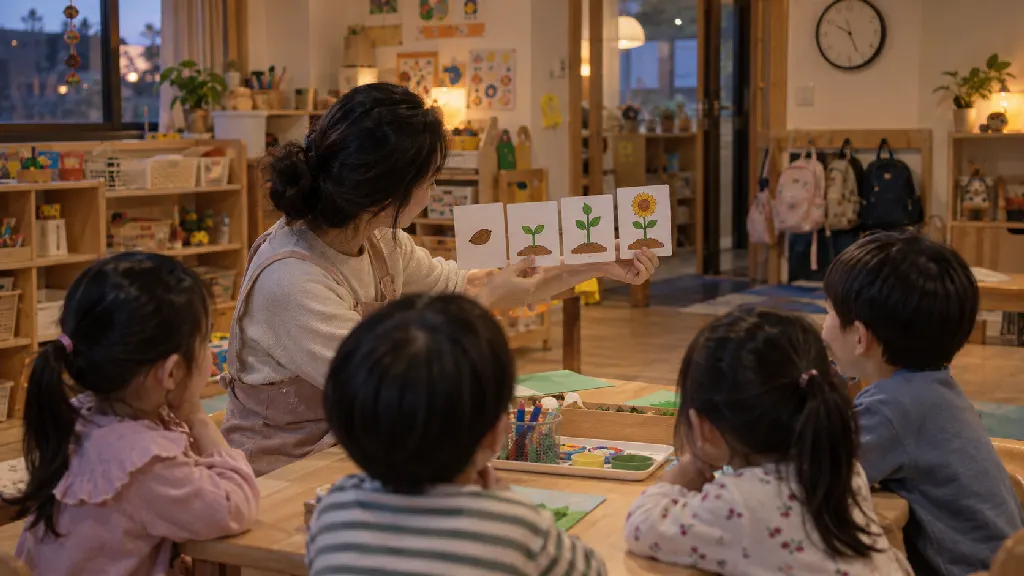 교사가 어린이들에게 활동 순서 그림을 보여 주며 입장 전 준비물과 시작 시각을 설명하는 장면입니다. 아이들은 가방을 곁에 두고 이동 방향을 기다립니다.