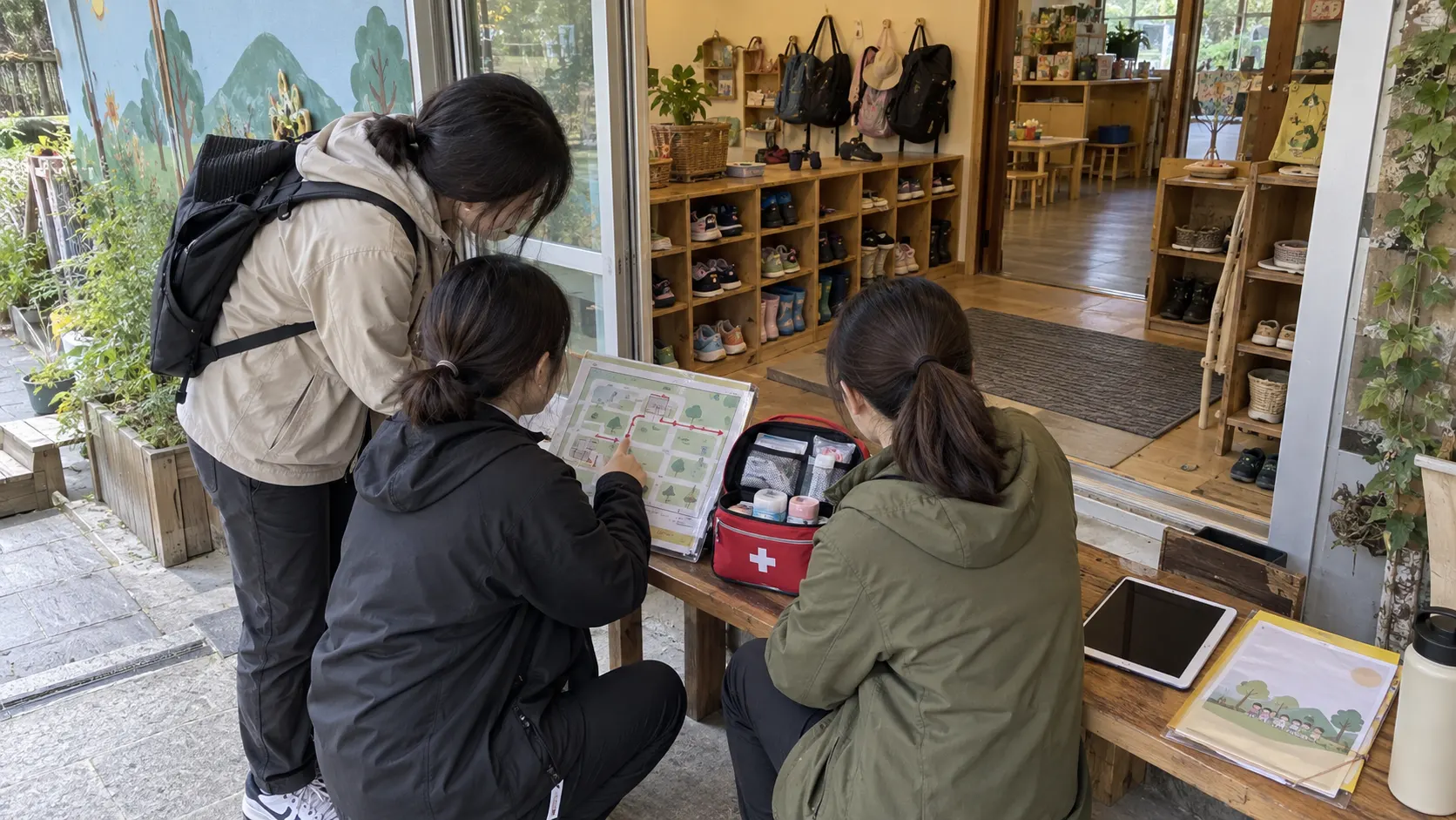 보육기관 담당자가 체험 전 이동 동선과 응급 대응 자료를 펼쳐 보고 참여 아동의 안전 정보를 예약 기록과 연결하며 체험사업자와 역할을 나누는 장면입니다.