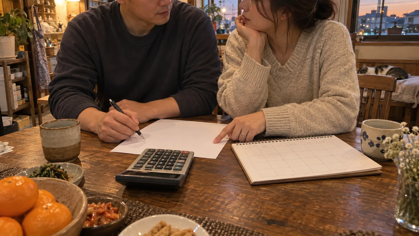 예비부부가 식탁에서 노트와 계산기를 펼쳐 월 예산과 집안일 분담표를 함께 적으며 생활 계획을 조율하는 모습입니다. 한 사람은 달력을 가리키고 다른 사람은 지출 항목을 확인하며 대화합니다.