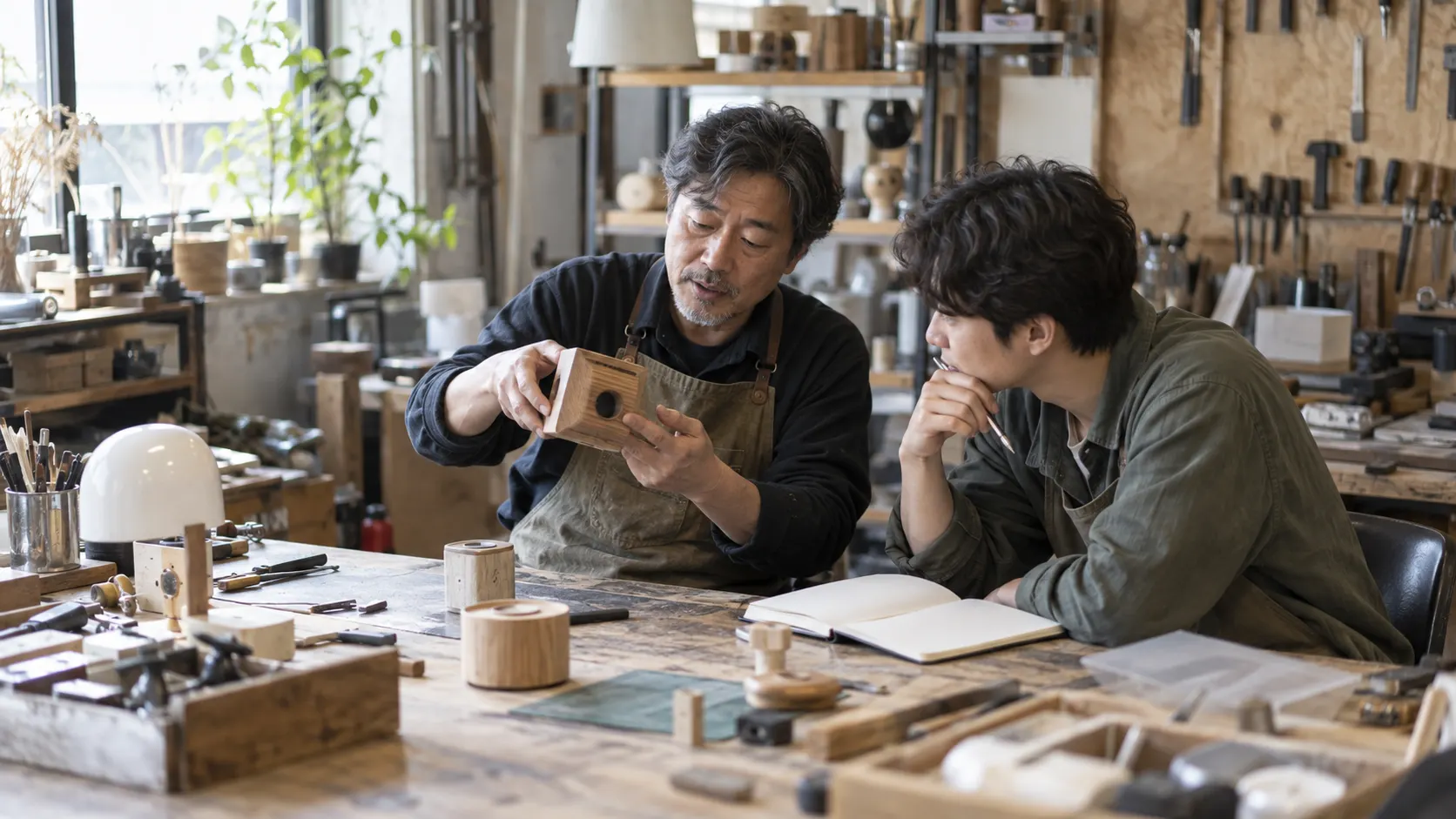 창업자가 경험 많은 멘토의 사례 설명을 들으며 빈 노트에 자신의 사업 단계와 적용 조건을 적는 장면입니다. 조언을 그대로 따르기보다 현재 상황에 맞게 판단 기준을 고르는 과정을 보여줍니다.