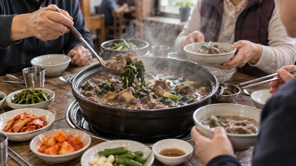 가족 모임 식탁에서 뜨거운 흑염소전골을 앞접시에 덜어 먹는 장면으로, 참석자의 식사 속도와 간 취향을 배려하는 메뉴 선택을 보여줍니다. 국물과 고기를 함께 나누는 모습입니다.