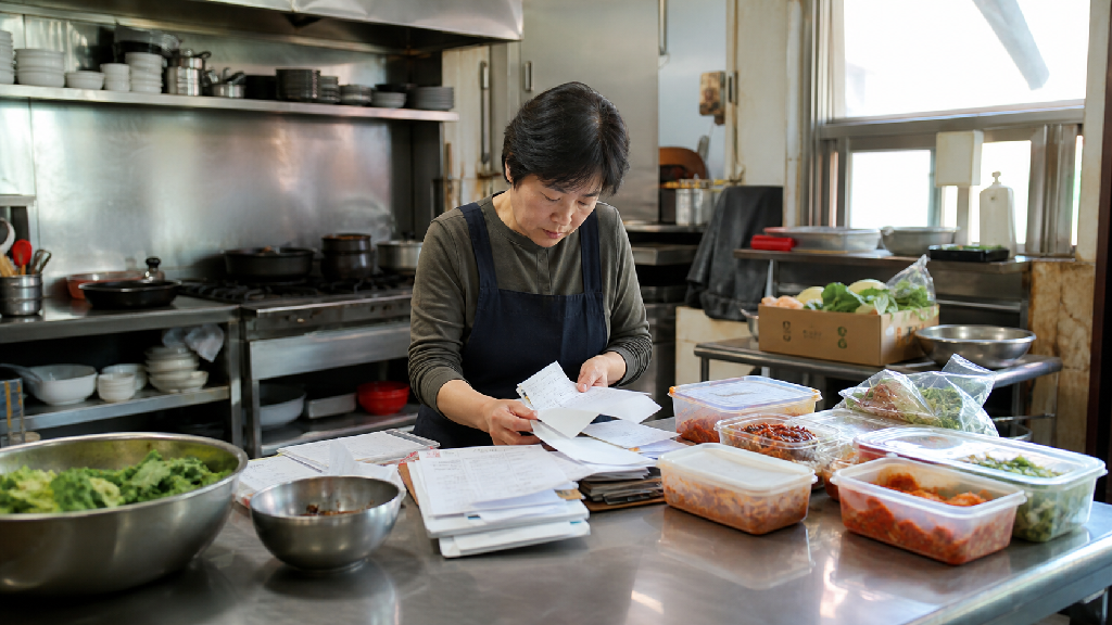 외식 매장의 손익을 확인하기 위해 매출 기록, 식재료비, 준비된 재료를 함께 점검하는 장면 — 매출보다 먼저 보는 손익 구조(F&B 프랜차이즈, 외식업 분야를 처음 알아볼 때 확인할 기본 원리) 내용을 보여주는 사진