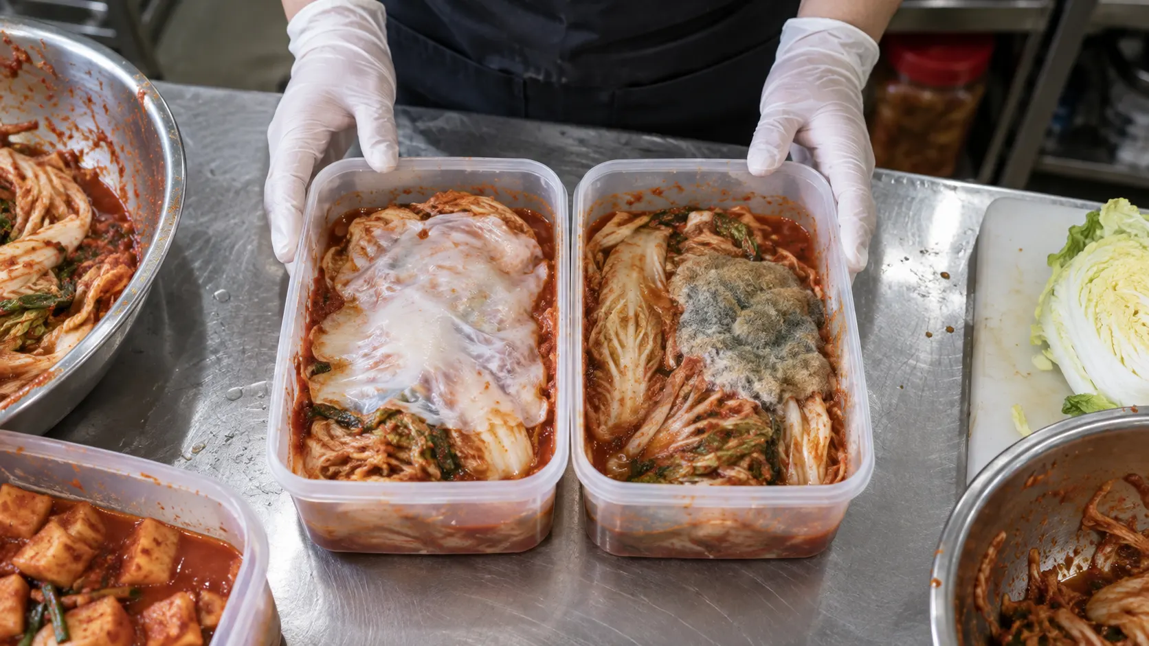 식품 취급자가 장갑을 낀 손으로 김치 용기 2개의 표면을 살피며, 매끈한 흰 막과 솜털처럼 변한 부분의 높이와 색 차이를 비교하고 뚜껑 가장자리까지 확인하는 장면입니다.