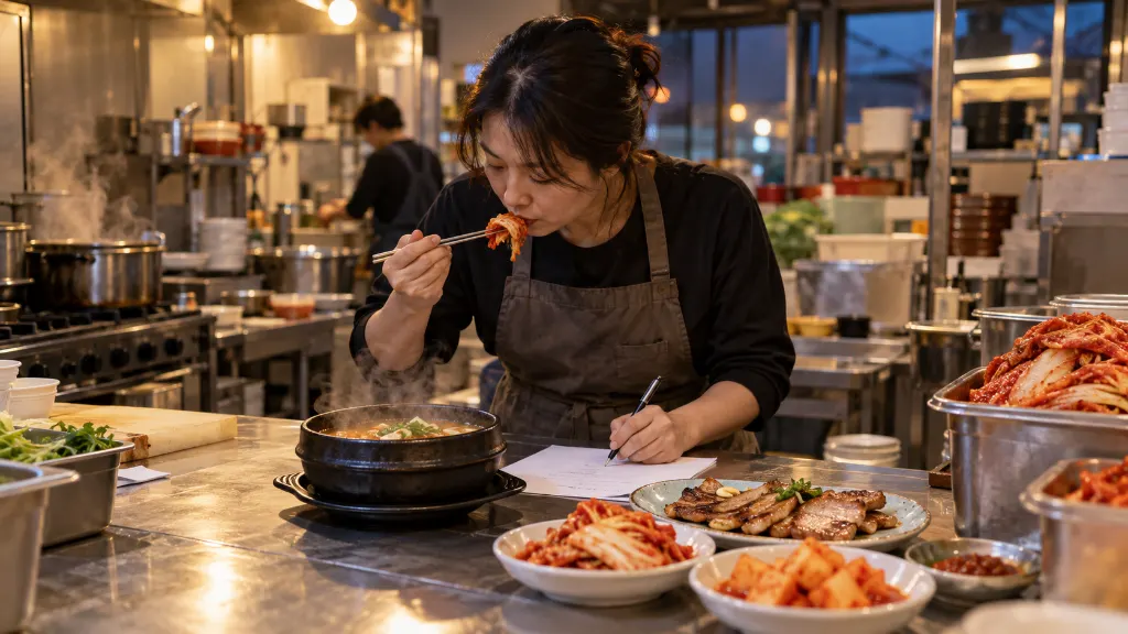 국밥과 설렁탕 곁에 배추김치를 놓고 짠맛과 국물 양을 비교한 뒤 구이용 접시에서 양념 향의 변화를 기록하는 모습입니다. — 업소별 사용 장면과 기준(지역마다 김치에 넣는 해산물과 양념이 다른 이유) 내용을 보여주는 사진