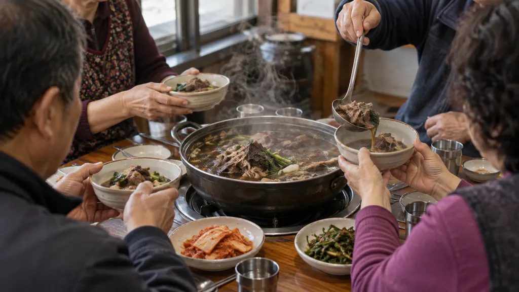 네 명이 테이블에서 전골을 개인 그릇에 덜어 먹는 장면입니다. 1인분 표기와 추가 주문 단위를 살피며 모임 규모에 맞는 양을 판단하는 과정을 보여줍니다.