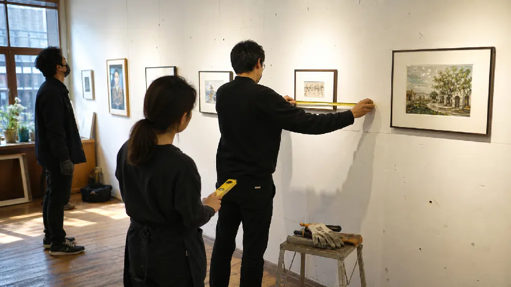 임시 전시장 벽면에 걸 작품 사이 간격을 줄자로 재고, 수평 도구와 설치 장갑을 곁에 둔 장면입니다. 작품 크기와 설명 위치를 함께 점검해 관람객이 짧은 시간에 내용을 읽도록 준비합니다.