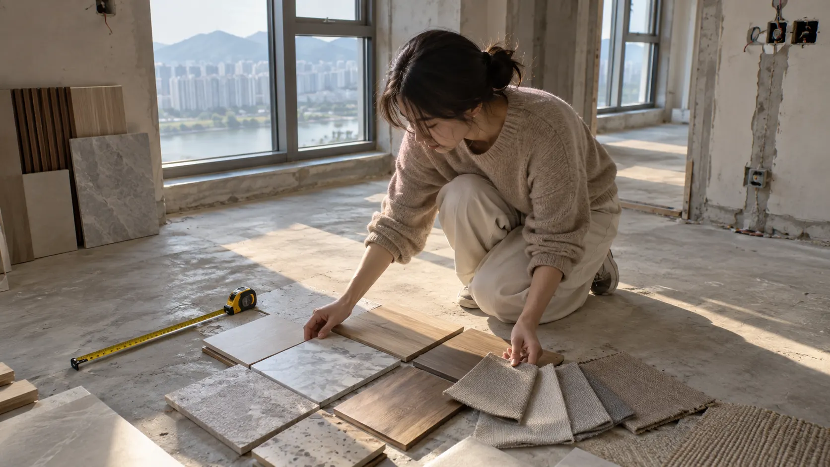 생활 장면과 예산 기준을 적은 보드 옆에서 도면과 석재·목재·패브릭 샘플을 비교하며 첫 점검 항목을 정합니다. 수납 위치와 이동 동선까지 한 화면에 놓고 우선순위를 확인합니다.