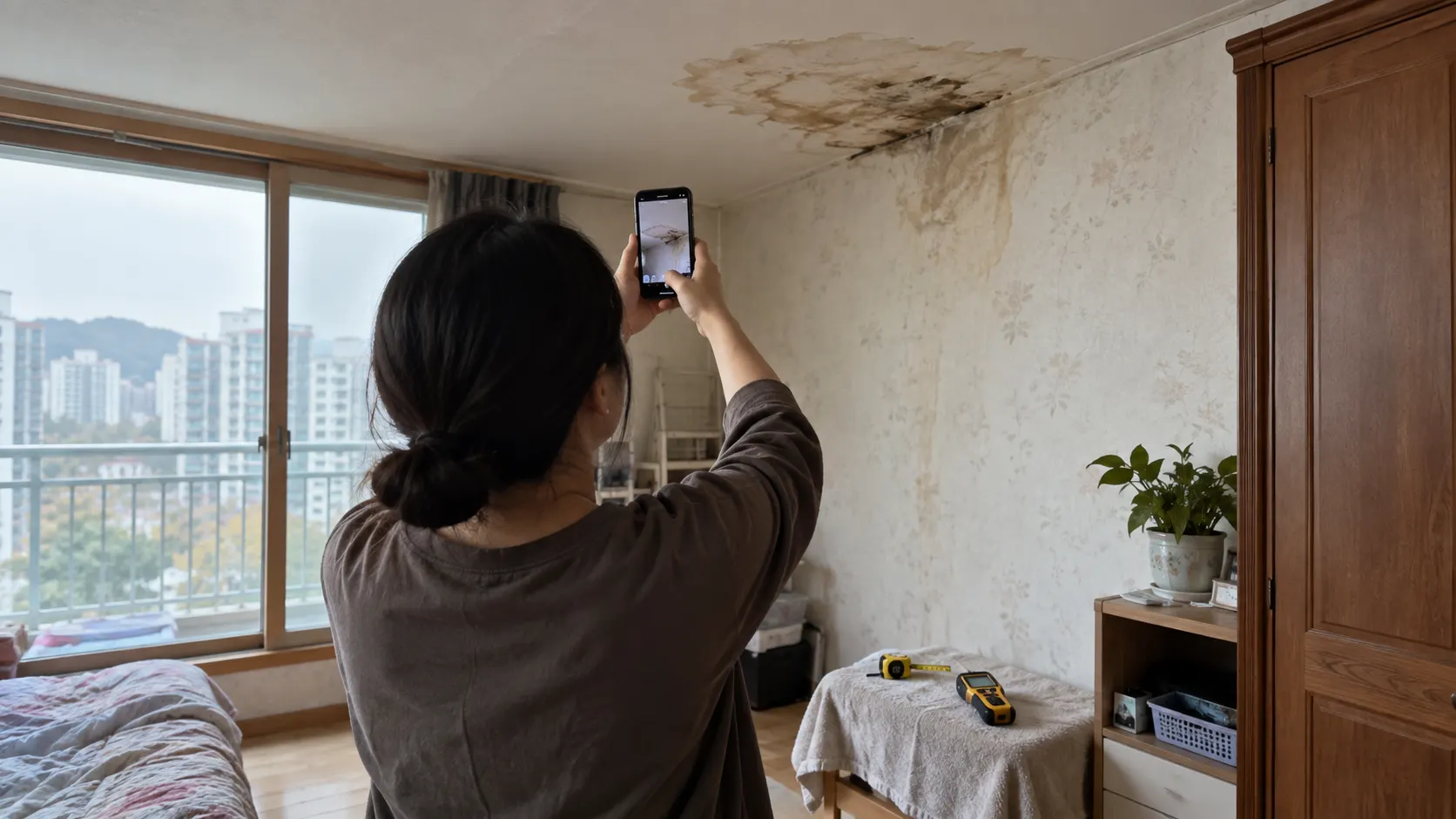 수리 전 누수 사진은 방 전체에서 물이 번진 위치를 보여 주고, 가까운 장면에서는 변색과 젖은 마감재를 담아 피해 범위를 전후로 비교합니다. 아랫집 천장도 같은 기준으로 남깁니다.