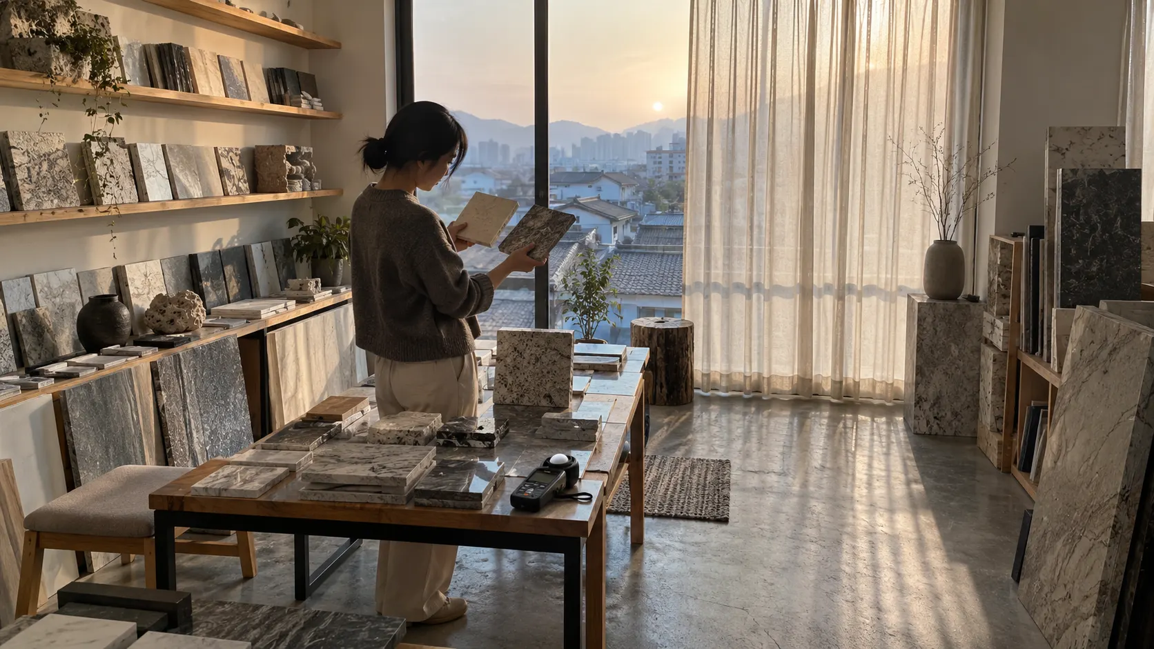 큰 창으로 들어오는 봄·여름·가을·겨울의 자연광을 가정해 천연석 샘플의 색과 표면 반사를 비교하고, 조도 측정기로 거실 밝기와 창가 그림자 차이를 기록하는 장면입니다.