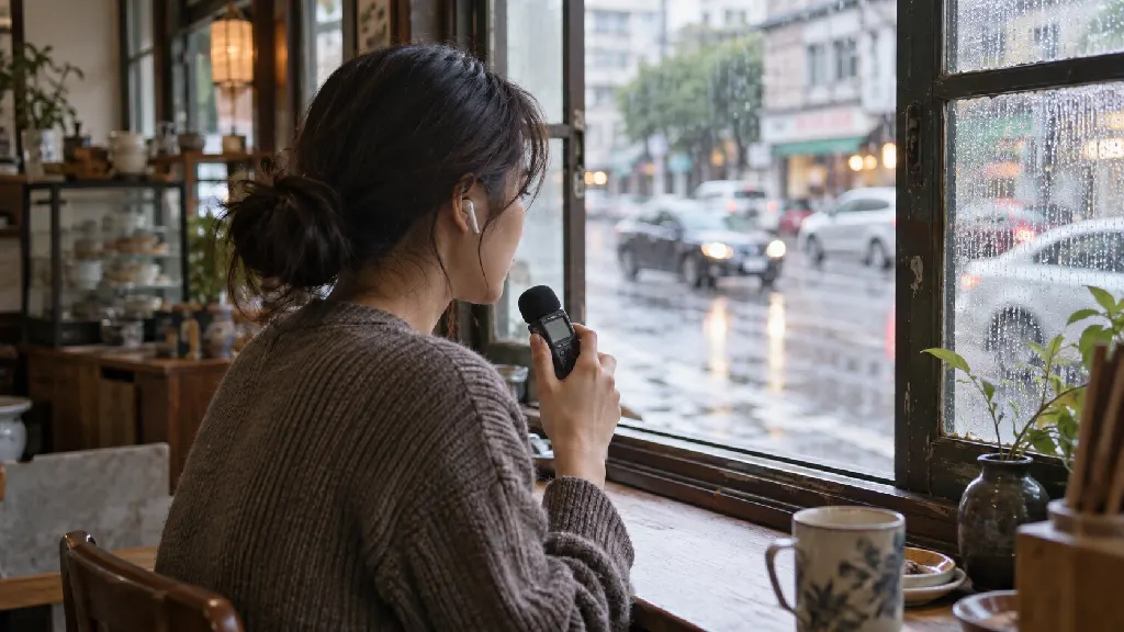 비 오는 창가에서 학습자가 이어폰과 휴대용 녹음기를 사용해 짧은 영어 문장을 듣고 따라 말하며 주변 소음과 음량 변화를 기록하는 장면입니다. 소리의 차이를 다음 연습 기준에 반영합니다.