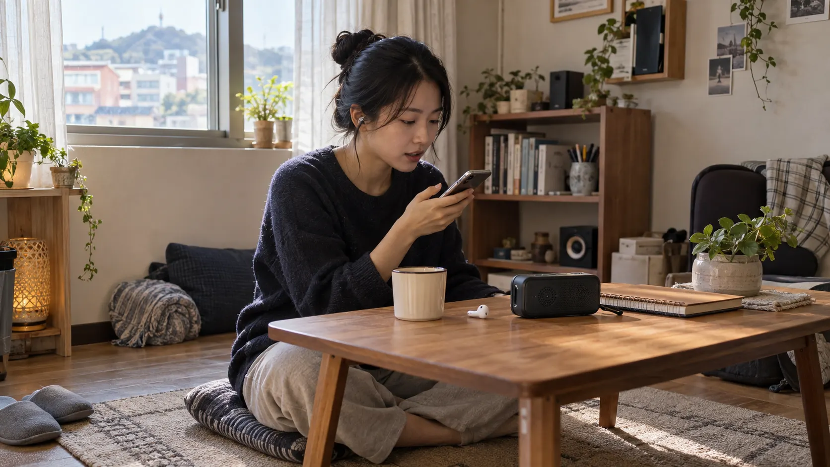 학습자가 한쪽 이어폰을 빼고 스마트폰으로 영어 문장을 녹음하면서, 옆의 재생 기기와 자신의 발음을 번갈아 비교하고 짧은 구간을 다시 들으며 놓친 소리를 메모하는 장면입니다.