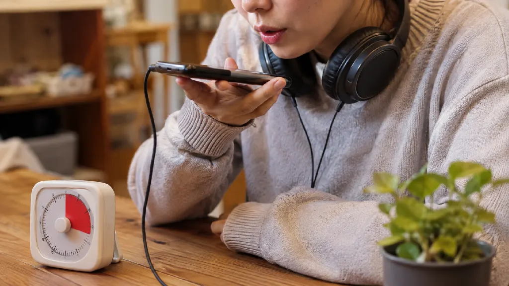 학습자가 이어폰으로 짧은 영어 문장을 반복해 듣고 휴대전화 녹음 기능으로 자신의 발화를 남긴 뒤 연결된 소리와 강세 위치를 비교하며 10분 훈련 순서를 기록하는 장면입니다.