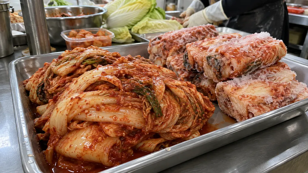 냉동 전 단단한 배추 잎과 해동 뒤 표면에 맺힌 물기를 나란히 보여 주며, 얼음 결정이 조직을 누르고 수분이 빠져나가 식감이 달라지는 과정을 설명합니다.