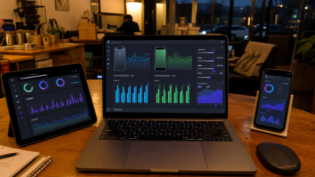B2B SaaS dashboard for mobile app dynamic pricing, iOS and Android user behavior charts, pricing model interface, clean warm office