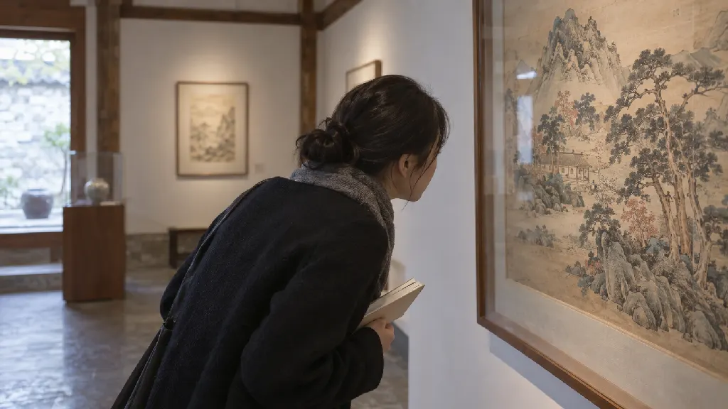 관람객이 종이 위에 남은 붓 자국과 먹의 번짐, 색이 머문 경계를 가까이 살피며 작품 설명과 실제 표면을 비교합니다. 재료의 흔적이 화면의 인상을 어떻게 바꾸는지도 관찰합니다.
