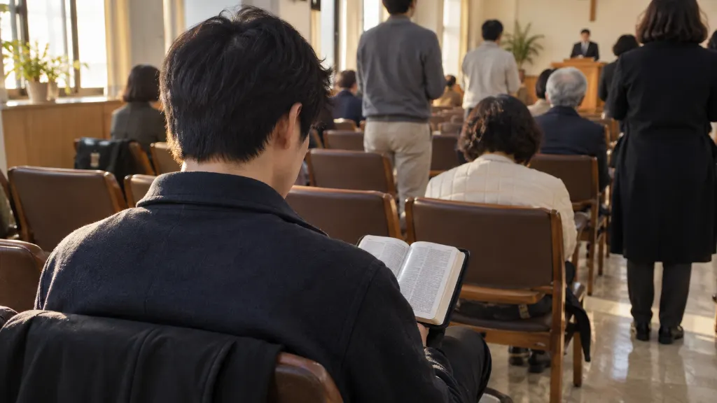 처음 참석한 사람이 예배당 뒤쪽 좌석에서 열린 성경을 무릎에 두고 주변의 기립과 착석 흐름을 조용히 살피며 안내자의 동작을 참고하는 모습입니다.