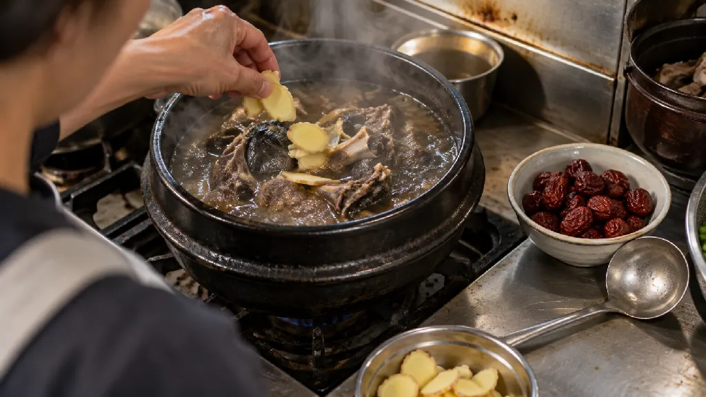 김이 오르는 흑염소탕 냄비 옆에 생강 편과 대추가 놓여 있고, 국자와 끓는 국물의 상태를 함께 확인하는 조리 장면입니다. 재료의 투입 순서와 향의 변화를 보여 줍니다.