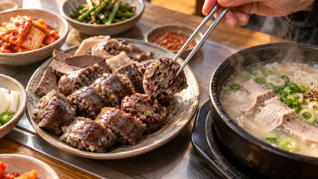 국밥 옆에 놓인 순대 단면을 살피며 당면·곡물·선지의 비중을 묻고, 메뉴 설명을 기준으로 식감을 고르는 주문 전 확인 장면입니다. — 주문 전 속재료 확인법(찰순대와 토종순대는 어떻게 다를까? 주문 전에 확인할 속재료와 식감) 내용을 보여주는 사진