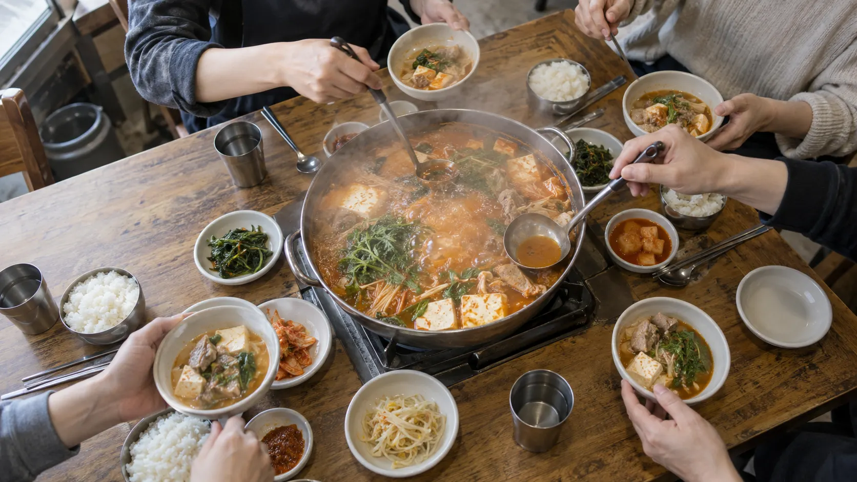해장 국밥을 앞에 두고 국물과 건더기의 비중을 살피는 장면으로, 속 상태와 허기 정도에 따라 개인 메뉴와 나눔 메뉴의 양을 조절하는 기준을 보여 줍니다.