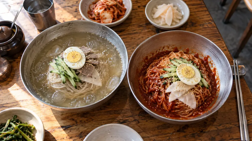 맑은 육수에 담긴 물냉면과 양념에 비빈 차가운 면을 나란히 놓고 국물 유무와 먹는 방식을 비교하는 장면입니다. 면의 굵기와 고명 차이가 함께 드러나 음식 이름을 구분하는 단서를 보여줍니다.