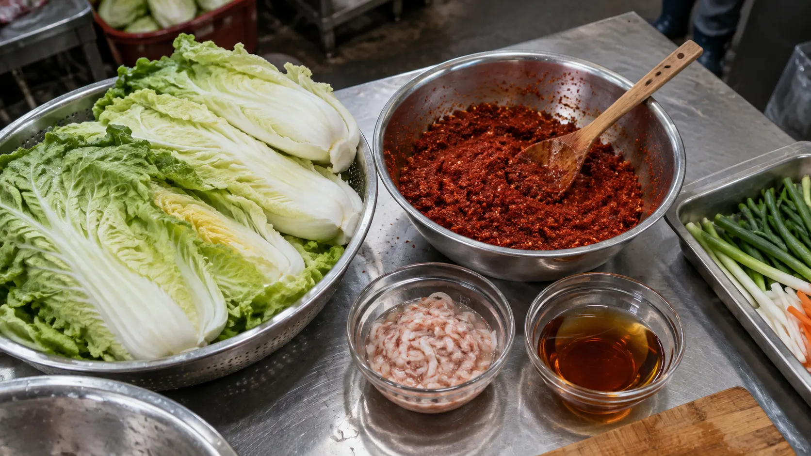 배추김치 양념에 젓갈을 넣어 염도와 감칠맛을 맞추는 제조 장면입니다. 새우젓과 액젓의 형태 차이와 숙성 뒤 향을 기록하는 과정을 함께 보여 줍니다.
