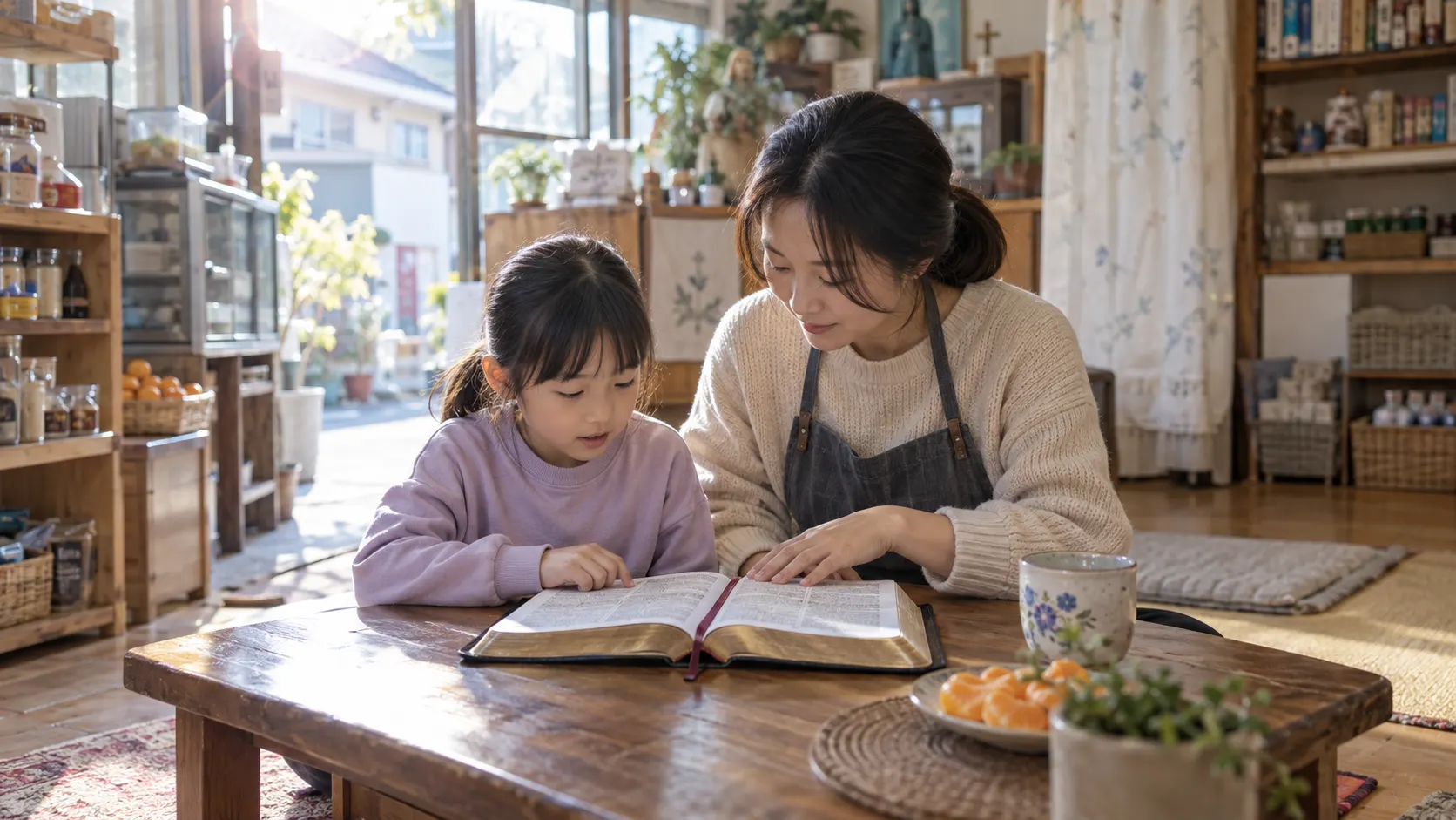 예배 전 가족이 성경의 본문 위치를 함께 찾고 아이가 맡은 한 문장을 읽는 순서를 연습하는 장면입니다. 보호자는 손가락으로 멈출 지점을 알려 주며 아이가 스스로 역할을 기억하도록 돕습니다.