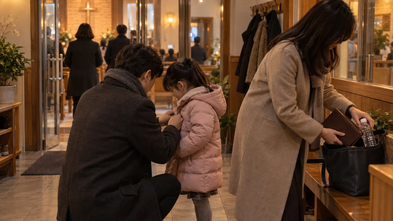 아이와 함께 예배 공간에 들어가기 전 보호자가 가방 속 준비물을 확인하고 화장실 위치를 살피는 장면입니다. 예배 중 잠시 이동할 기준과 동행자의 역할을 미리 나누는 내용을 보여 줍니다.