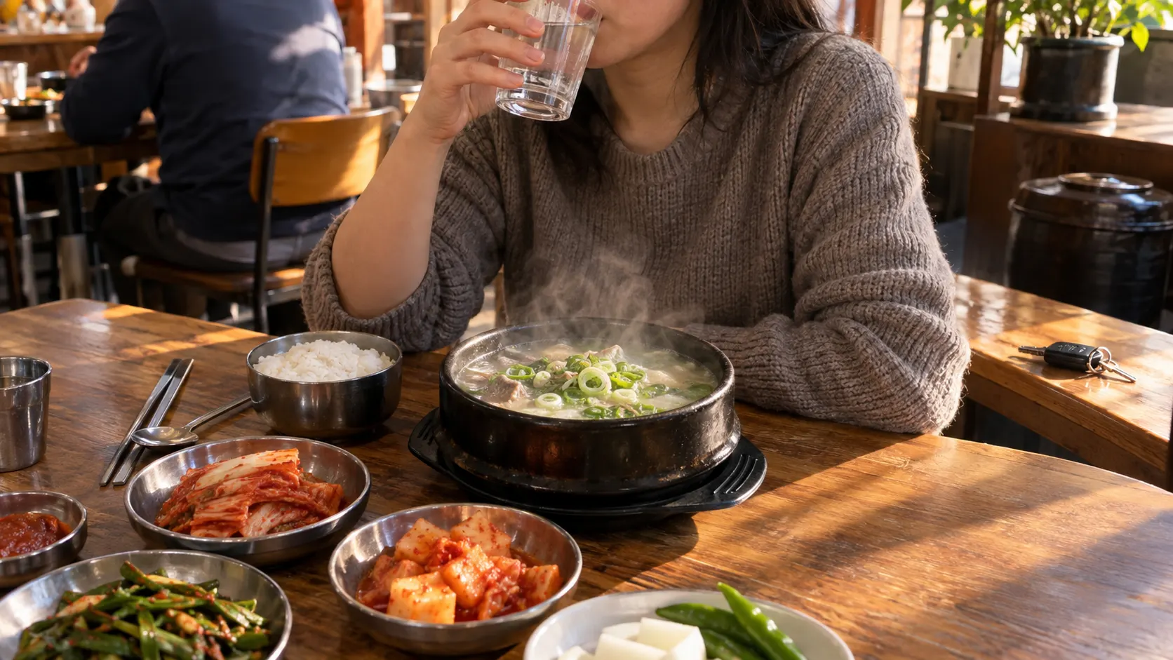 음주 뒤 해장 식사를 고르며 뜨거운 국물과 밥의 양을 살피고 물을 곁들이는 장면입니다. 차량 운전을 음식 선택과 분리하고 이동 계획을 따로 세우는 안전 기준도 함께 표현합니다.