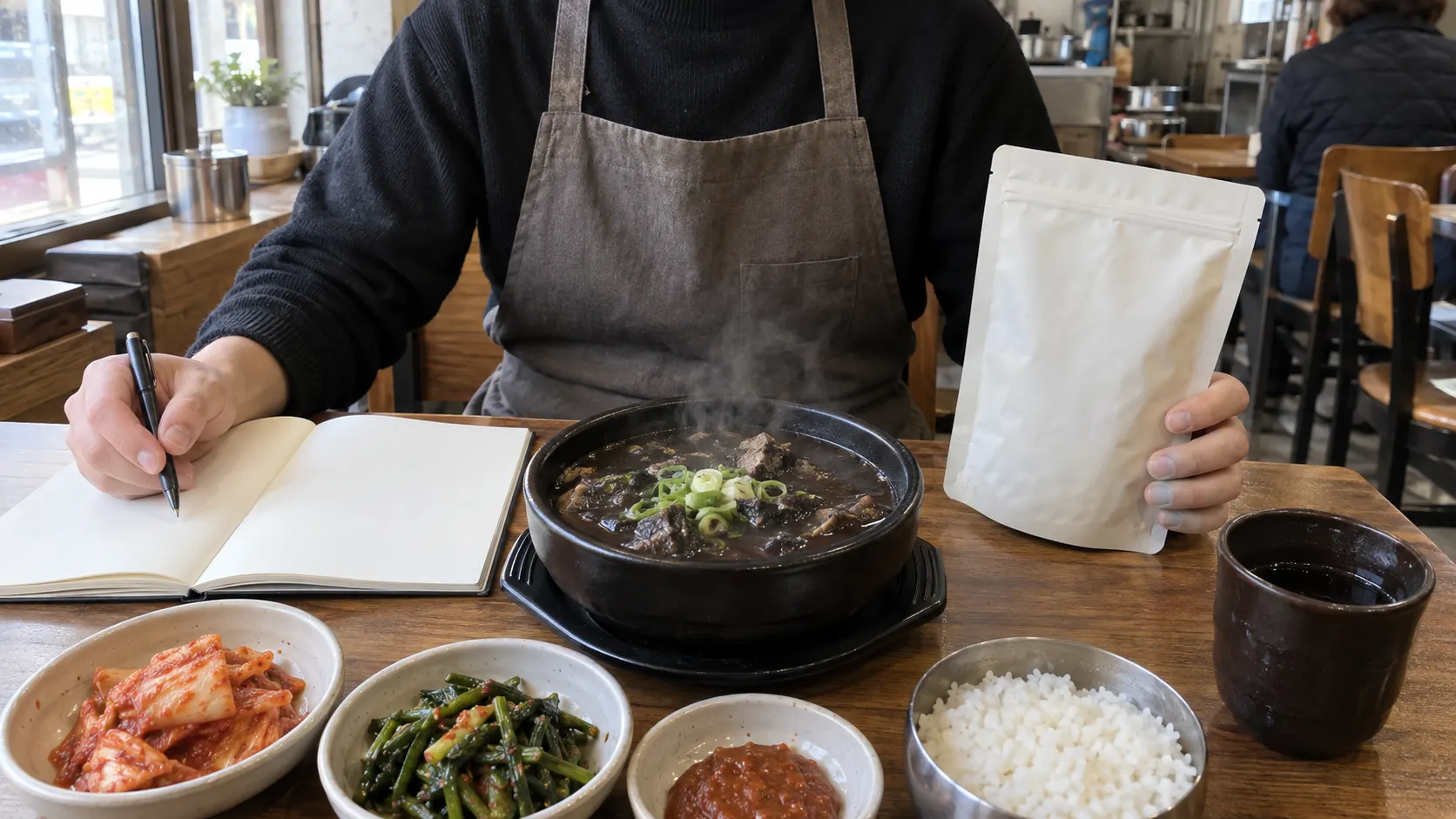 흑염소 요리와 섭취 기록을 나란히 살펴보며, 개인이 느낀 변화와 효능 근거를 구분하는 관찰 지점을 설명하는 장면입니다. 음식 경험과 자료의 역할이 다르다는 점도 함께 보여 줍니다.