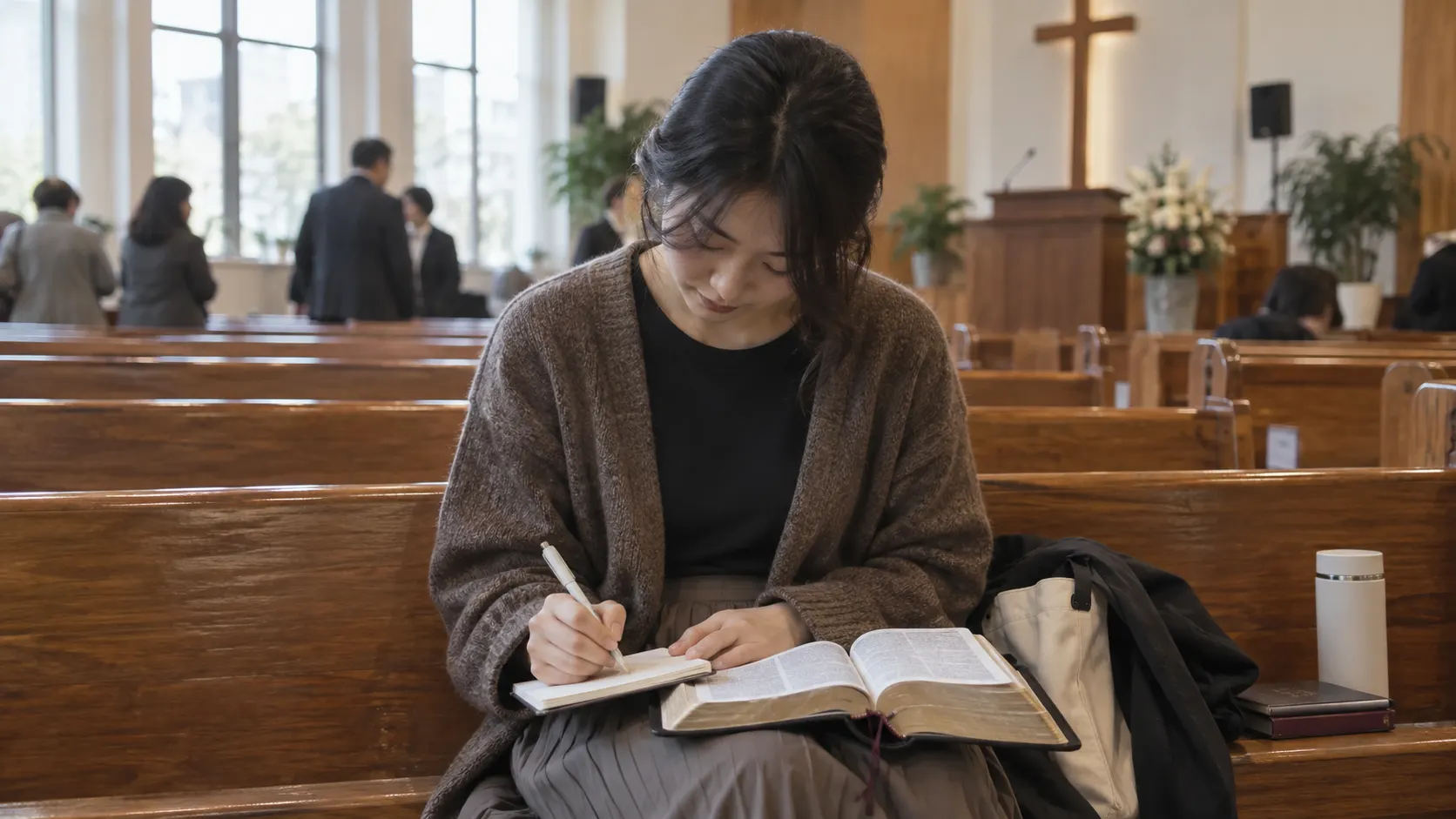 예배당 앞자리에서 성경 구절을 적고 기도하는 장면으로, 주일예배와 평일 3분 기도를 연결해 생활 속 실천으로 옮기는 흐름을 보여줍니다. — 예배와 생활 기도 연결(바쁜 일상에서 기도 시간을 꾸준히 이어가는 방법) 내용을 보여주는 사진
