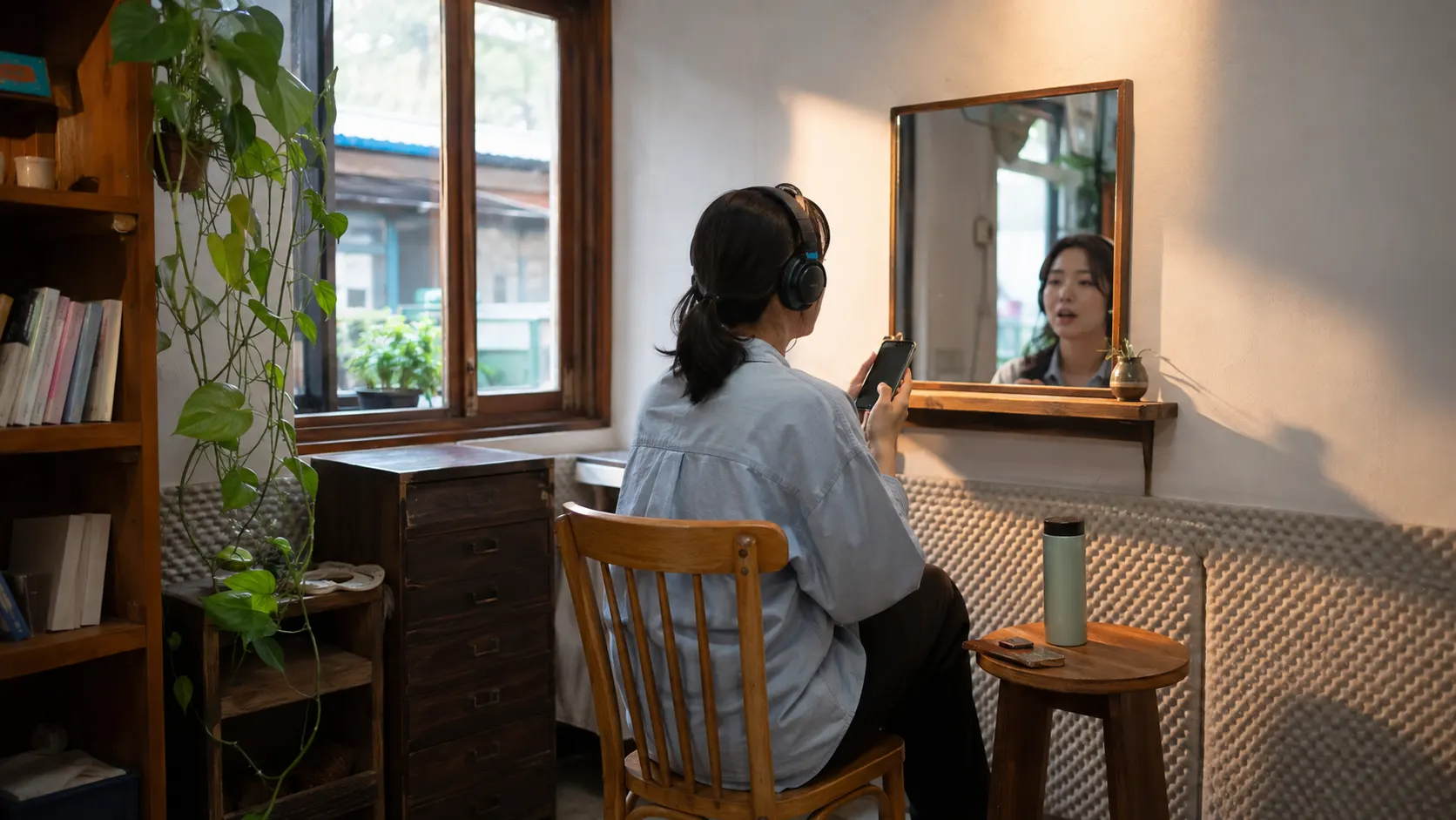 헤드폰으로 짧은 영어 음성을 반복해 듣고 스마트폰으로 자신의 발화를 녹음하며 입 모양과 연결 소리를 확인하는 학습 장면입니다. 듣기 뒤 따라 말하기로 이어지는 흐름이 드러납니다.