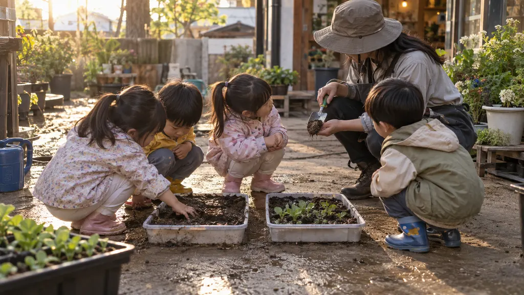 유아들이 두 개의 얕은 통에서 젖은 흙을 손으로 만져 보고, 옆의 성인이 도구 사용 순서를 보여 주며 직접 탐색과 설명 체험의 차이를 드러내는 장면입니다.