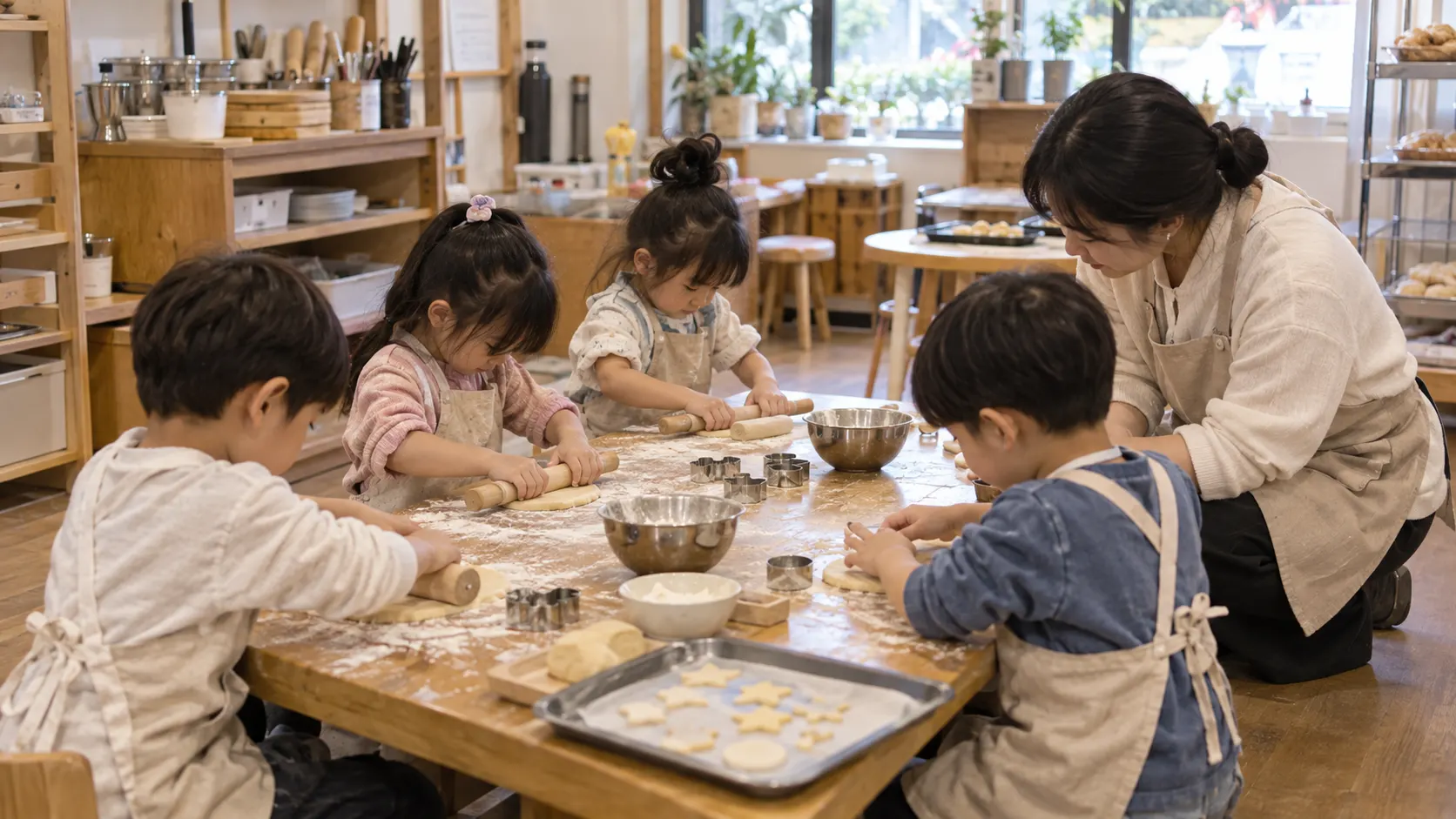 질문 카드 2장으로 아이가 직접 움직일 행동을 정하고, 반죽을 누르는 과정에서 변화와 순서를 말하도록 돕는 교사의 모습을 담은 장면입니다. 아이의 답을 대신 말하지 않고 기다리는 태도도 드러납니다.