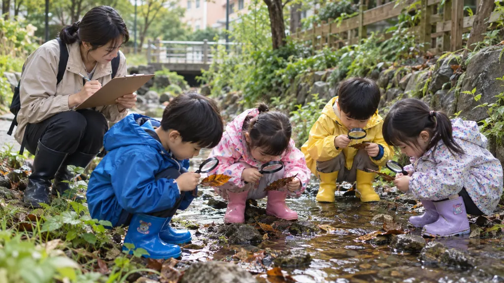 유아들이 얕은 물가에서 젖은 잎의 색과 촉감을 작은 확대경으로 살피고, 교사가 아이의 표현을 현장에서 기록해 교실 질문으로 이어갈 단서를 모으는 모습입니다.