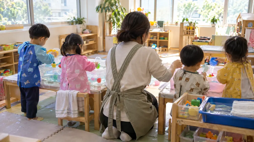 만 2세와 만 3세 유아가 연령에 맞는 감각 활동에 참여하는 모습으로, 반별 진행 시간과 교사의 도움 범위, 대기 공간까지 보여 줍니다. — 연령과 활동 적합성(보육기관 전용 체험 프로그램 검색 전에 준비하면 좋은 항목 정리) 내용을 보여주는 사진