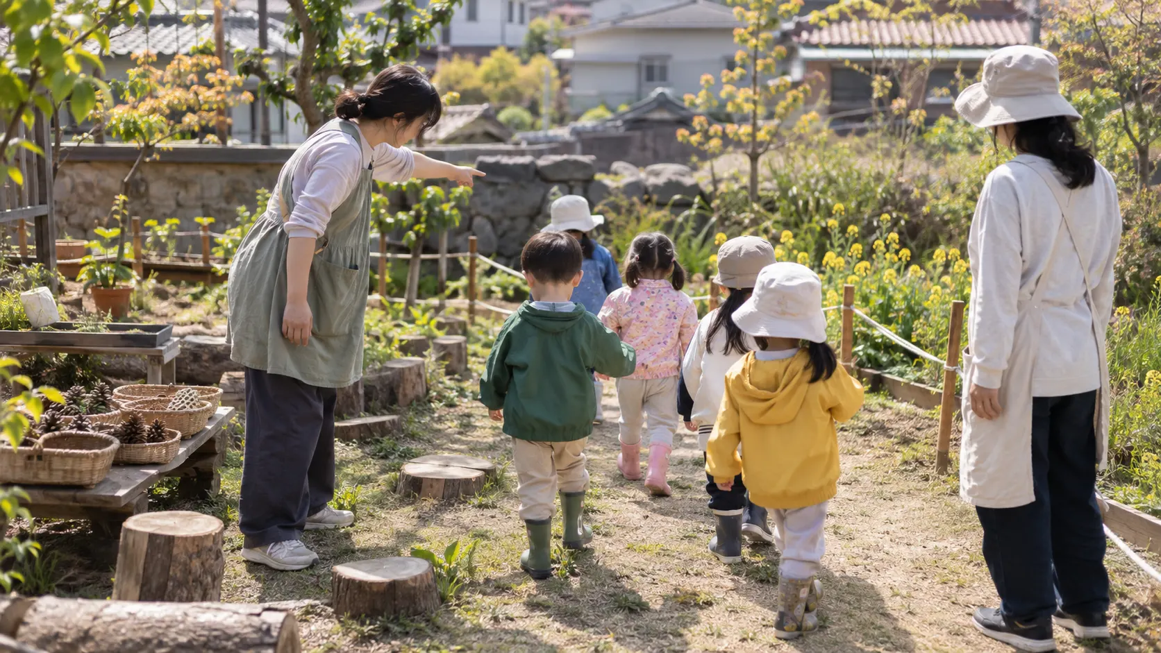야외 체험에서 성인이 활동 경계를 가리키고 다른 성인이 유아들의 움직임을 살피며, 설명 뒤 탐색으로 이어지는 안전한 진행 흐름을 보여 주는 장면입니다.