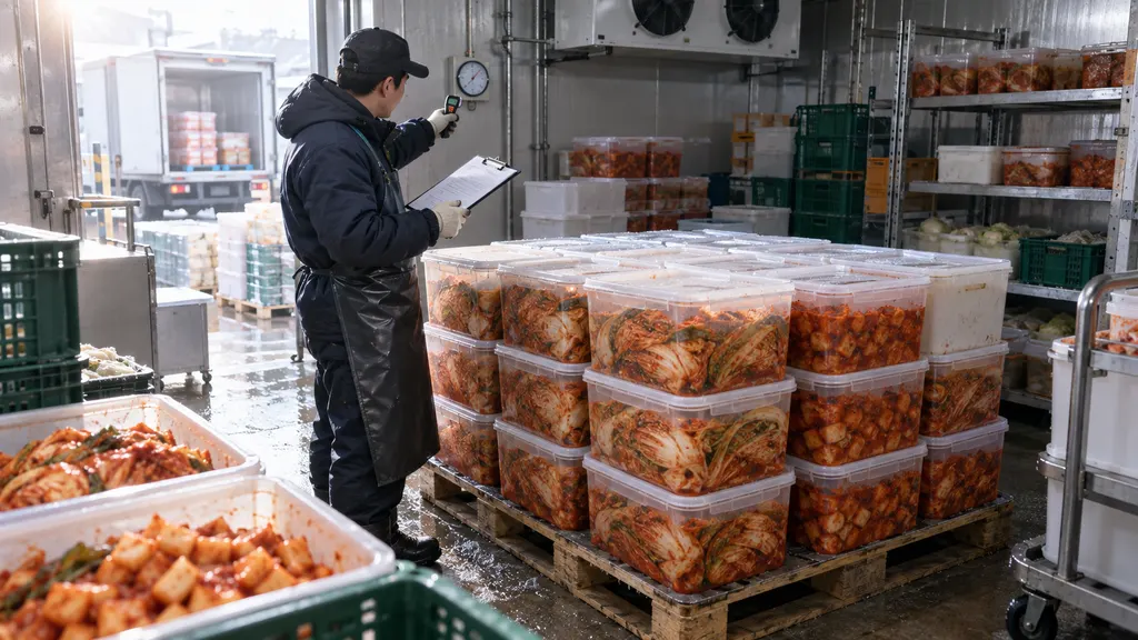 납품 담당자가 냉장 창고에서 밀봉된 김치 용기의 포장 상태와 온도계를 확인하고 제조일과 출고 이력을 대조하는 식품 안전 관리 장면입니다. — 식품 안전과 추적 기준(상황별로 달라지는 배추김치 납품 선택 방법) 내용을 보여주는 사진