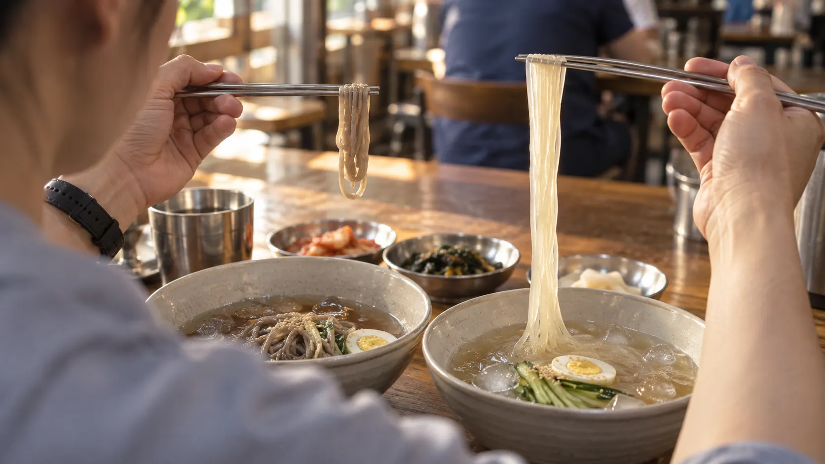 차가운 그릇 위에서 서로 다른 면발을 젓가락으로 들어 올려 메밀의 짧은 끊김과 전분 면의 매끈한 탄력을 비교하는 장면으로, 표면과 늘어나는 길이의 차이가 드러납니다.