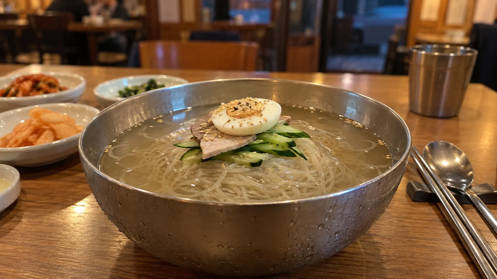 얼음 조각 없이 차갑게 식힌 국물과 면이 담긴 금속 그릇을 보여준다. 얼음 사용과 제공 온도를 구분하고 국물 농도와 면 상태를 읽는 기준을 식사 중인 손님의 시선에서 설명한다.