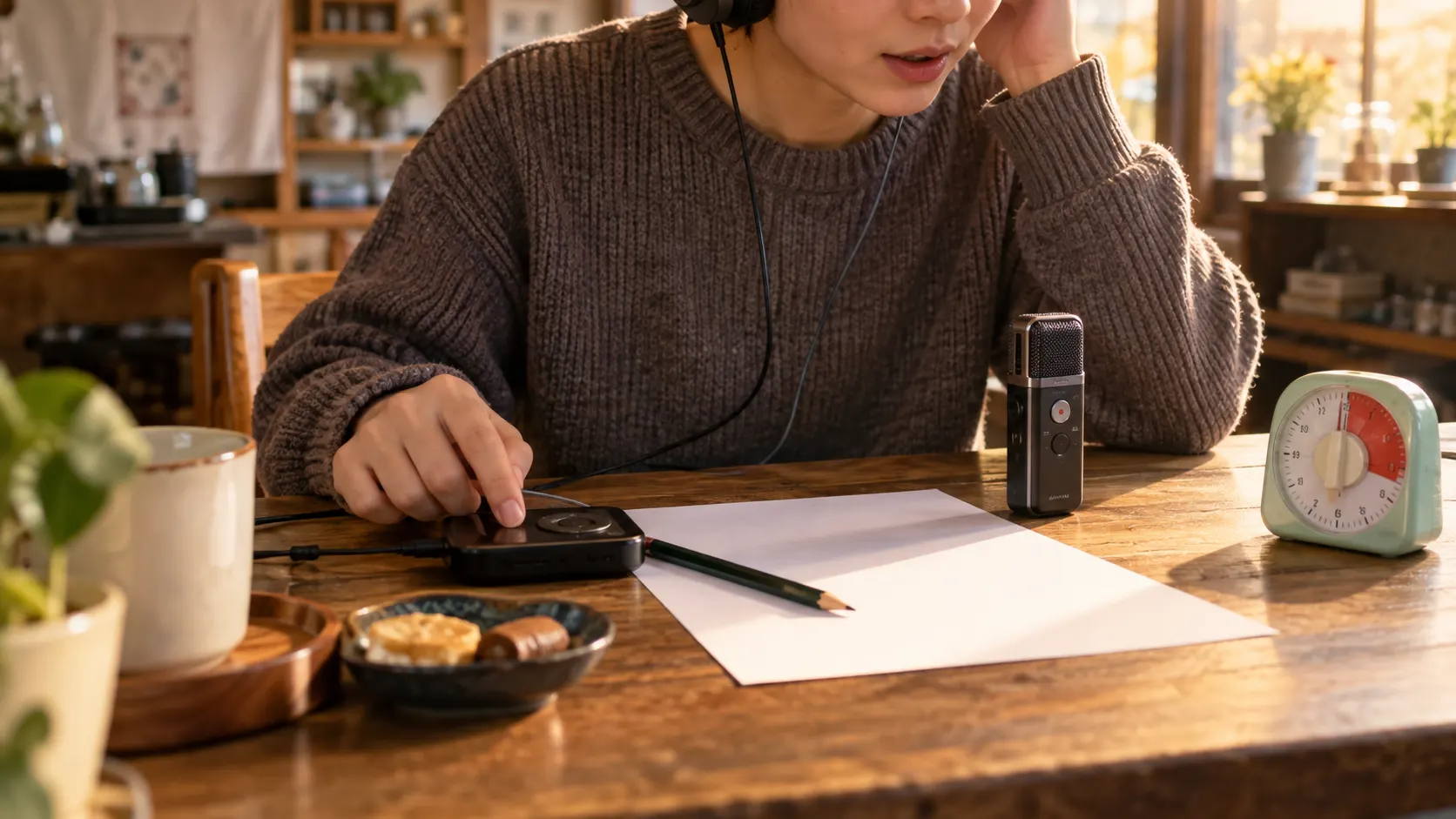 조용한 책상 위에서 헤드폰을 쓴 학습자가 2회 반복한 영어 문장을 손가락으로 따라가며 휴대전화에 녹음하고, 끊어 읽기 위치와 짧은 요약을 확인하는 장면입니다. 읽기와 듣기를 연결하는 연습입니다.