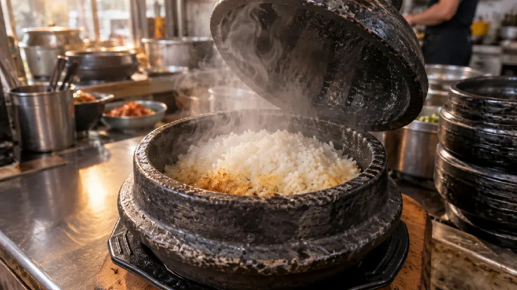 작은 돌솥의 뚜껑을 연 뒤 밥 표면과 바닥 가장자리를 함께 보여 주며, 수분이 줄고 잔열이 이어져 얇은 누룽지가 생긴 조리 상태를 설명합니다. 용기와 가열 조건에 따라 솥밥 결과가 달라지는 모습입니다.