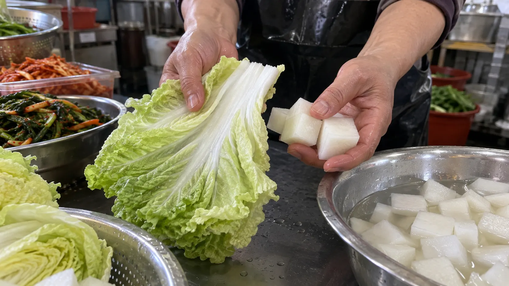 배추 잎과 무 조각을 나란히 놓고 수분과 단단함을 비교하는 모습으로, 원재료 상태와 절임 전후 변화가 김치 식감에 미치는 차이를 보여줍니다. — 수분과 조직 상태(같은 양념으로 담근 김치도 식감이 달라지는 이유는 무엇일까?) 내용을 보여주는 사진