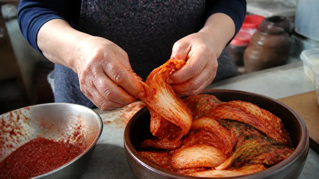 손으로 나눈 배추 잎의 결이 살아 있고 양념이 고르게 묻은 겉절이를 작은 그릇 옆에서 비교하는 장면으로, 잎과 줄기의 절임 차이와 아삭한 식감의 기준을 보여 줍니다.